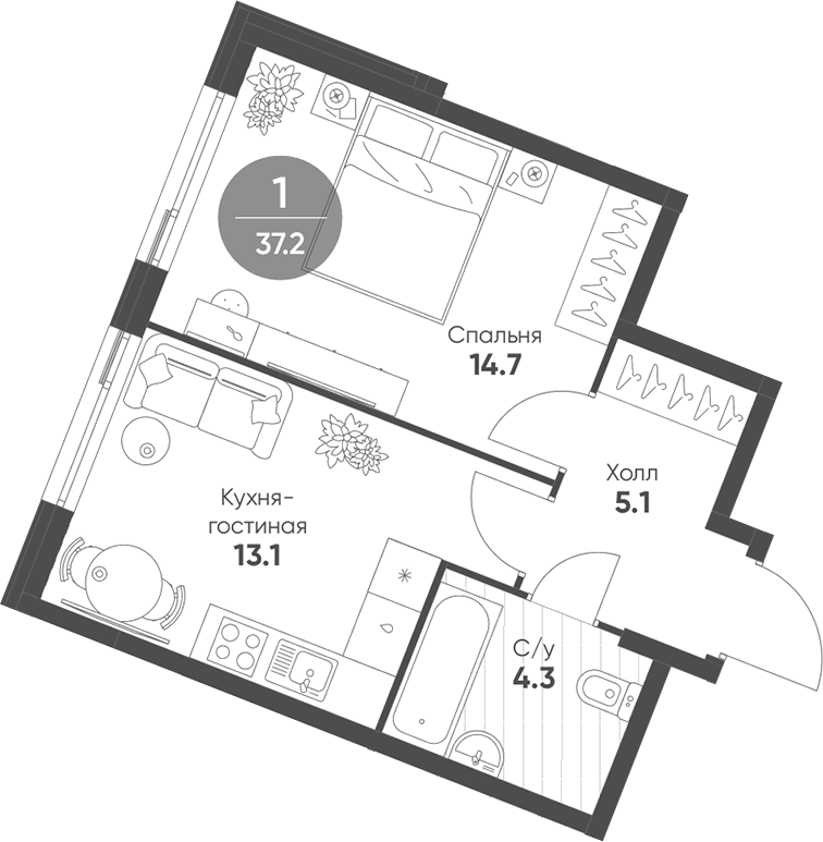 Планировка — Shagal, 2-комн., 37 м²