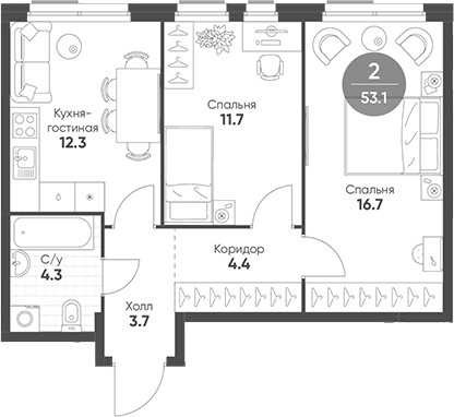 Планировка — Shagal, 3-комн., 53 м²