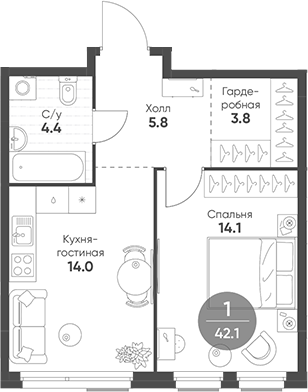 Планировка — Shagal, 2-комн., 42 м²