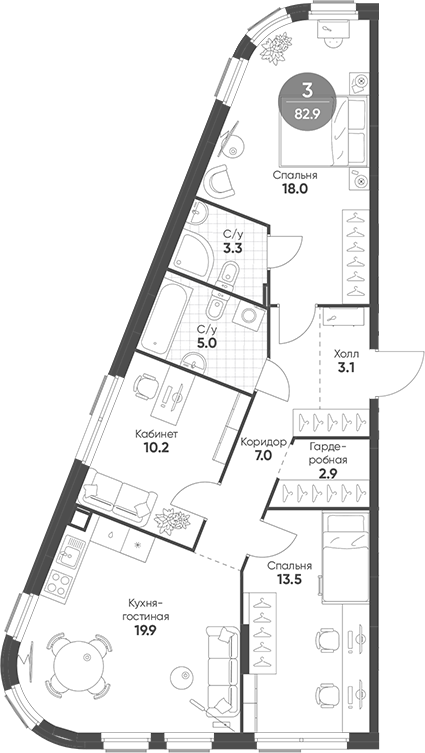 Планировка — Shagal, 4-комн., 83 м²