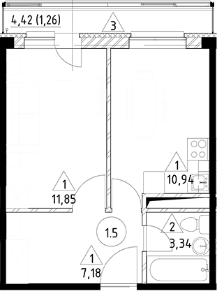 Планировка — Горки Марусино, 1-комн., 33 м²