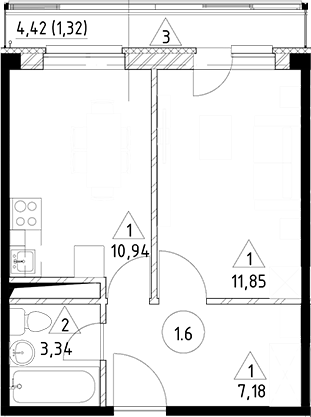 Планировка — Горки Марусино, 1-комн., 33 м²