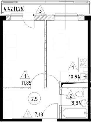 Планировка — Горки Марусино, 1-комн., 33 м²