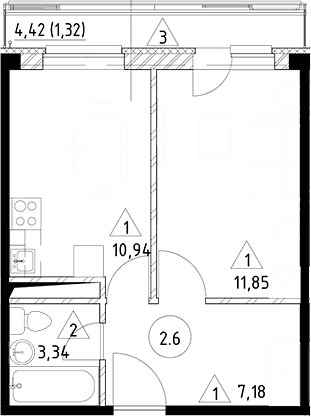 Планировка — Горки Марусино, 1-комн., 33 м²