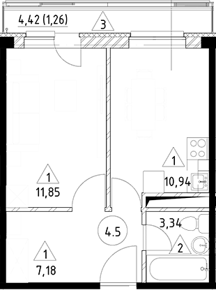 Планировка — Горки Марусино, 1-комн., 33 м²