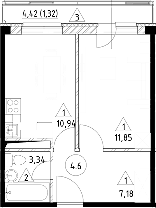 Планировка — Горки Марусино, 1-комн., 33 м²