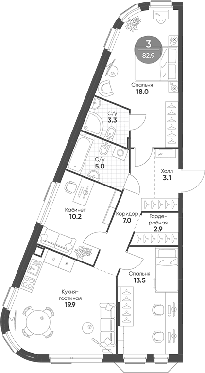 Планировка — Shagal, 4-комн., 83 м²