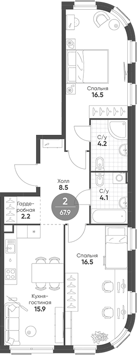 Планировка — Shagal, 3-комн., 68 м²