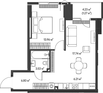 Планировка — Джойс, 2-комн., 48 м²