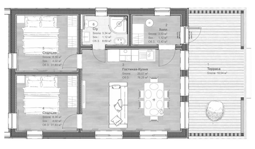 Планировка — Коттеджный поселок Мечта на Риге, 2-комн., 56 м²