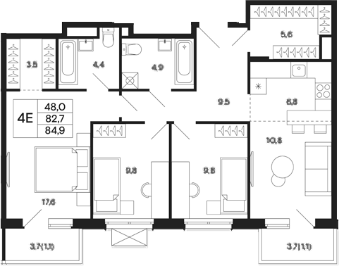 Планировка — Базаева 11, 4-комн., 83 м²