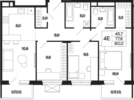 Планировка — Базаева 11, 4-комн., 78 м²
