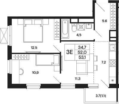 Планировка — Базаева 11, 3-комн., 52 м²