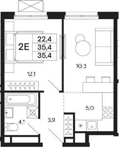 Планировка — Базаева 11, 2-комн., 35 м²