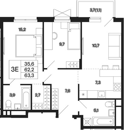 Планировка — Базаева 11, 3-комн., 62 м²