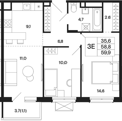 Планировка — Базаева 11, 3-комн., 59 м²