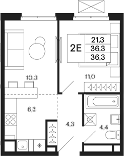 Планировка — Базаева 11, 2-комн., 36 м²