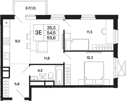 Планировка — Базаева 11, 3-комн., 55 м²
