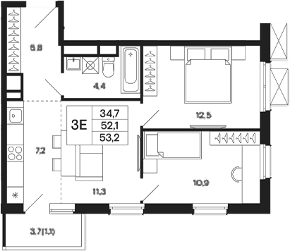 Планировка — Базаева 11, 3-комн., 52 м²
