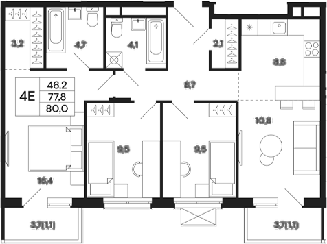 Планировка — Базаева 11, 4-комн., 78 м²