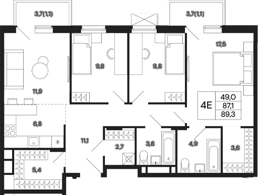 Планировка — Базаева 11, 4-комн., 87 м²