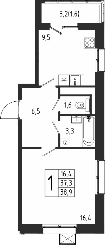 Планировка — Берег, 1-комн., 37 м²