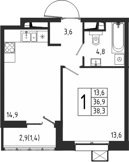 Планировка — Берег, 1-комн., 37 м²