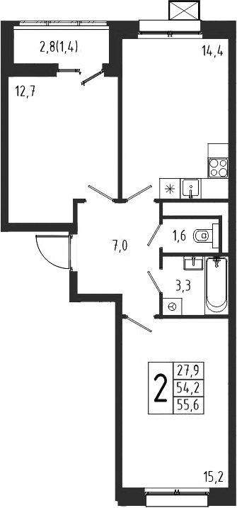 Планировка — Берег, 2-комн., 54 м²