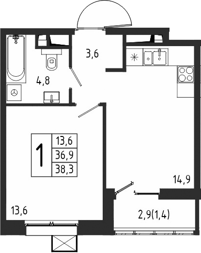 Планировка — Берег, 1-комн., 37 м²