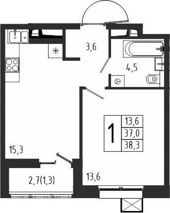 Планировка — Берег, 1-комн., 37 м²