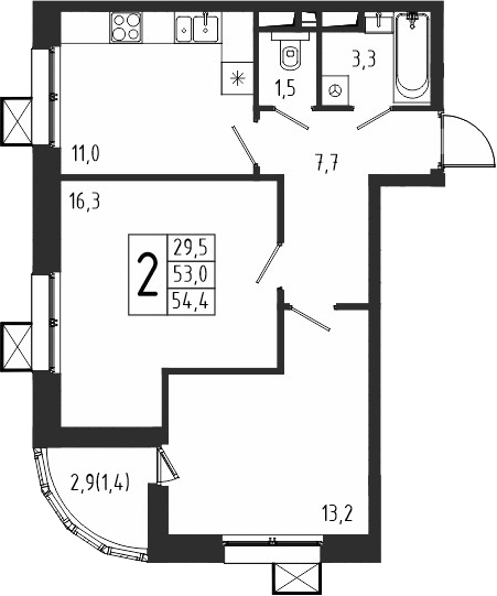 Планировка — Берег, 2-комн., 53 м²