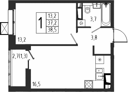Планировка — Берег, 1-комн., 37 м²