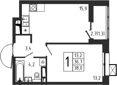 Планировка — Берег, 1-комн., 37 м²