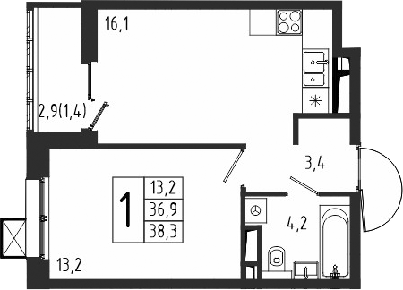 Планировка — Берег, 1-комн., 37 м²