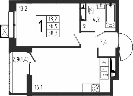 Планировка — Берег, 1-комн., 37 м²