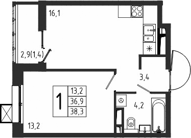 Планировка — Берег, 1-комн., 37 м²
