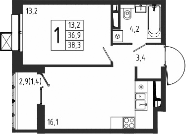 Планировка — Берег, 1-комн., 37 м²