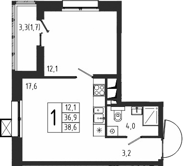 Планировка — Берег, 1-комн., 37 м²