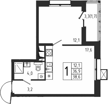 Планировка — Берег, 1-комн., 37 м²