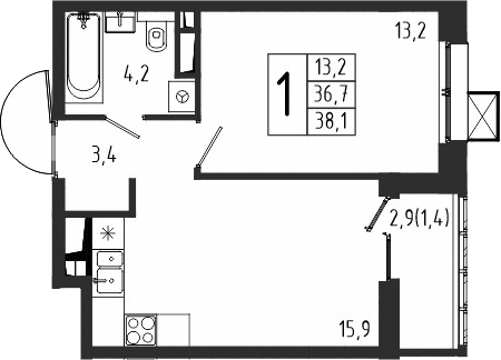 Планировка — Берег, 1-комн., 37 м²