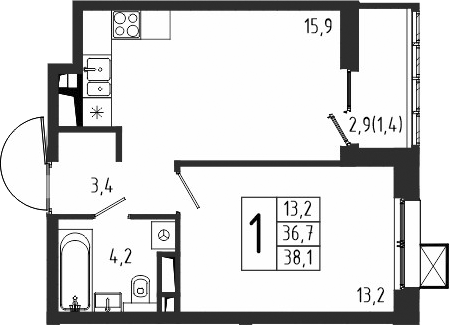 Планировка — Берег, 1-комн., 37 м²