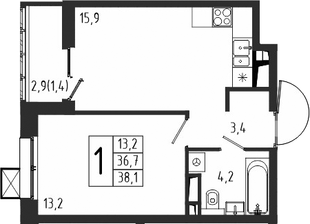 Планировка — Берег, 1-комн., 37 м²
