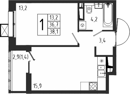 Планировка — Берег, 1-комн., 37 м²