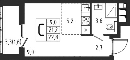 Планировка — Берег, Студия, 21 м²
