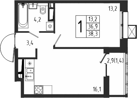 Планировка — Берег, 1-комн., 37 м²