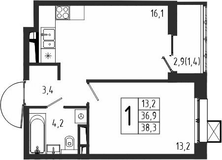 Планировка — Берег, 1-комн., 37 м²