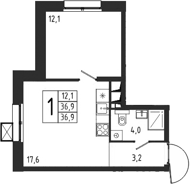 Планировка — Берег, 1-комн., 37 м²