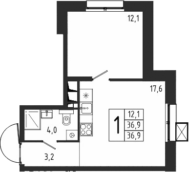 Планировка — Берег, 1-комн., 37 м²