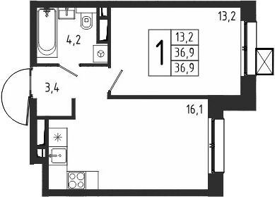 Планировка — Берег, 1-комн., 37 м²