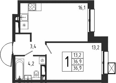 Планировка — Берег, 1-комн., 37 м²